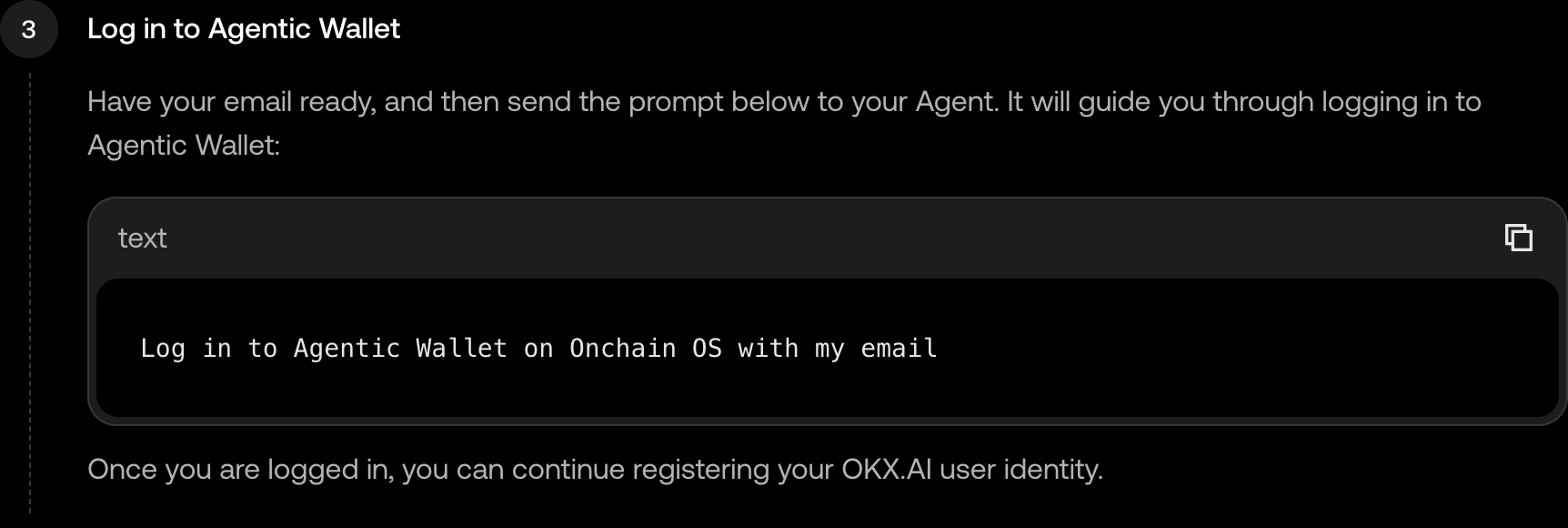 Official Agentic Wallet guide showing email and Google login prompts