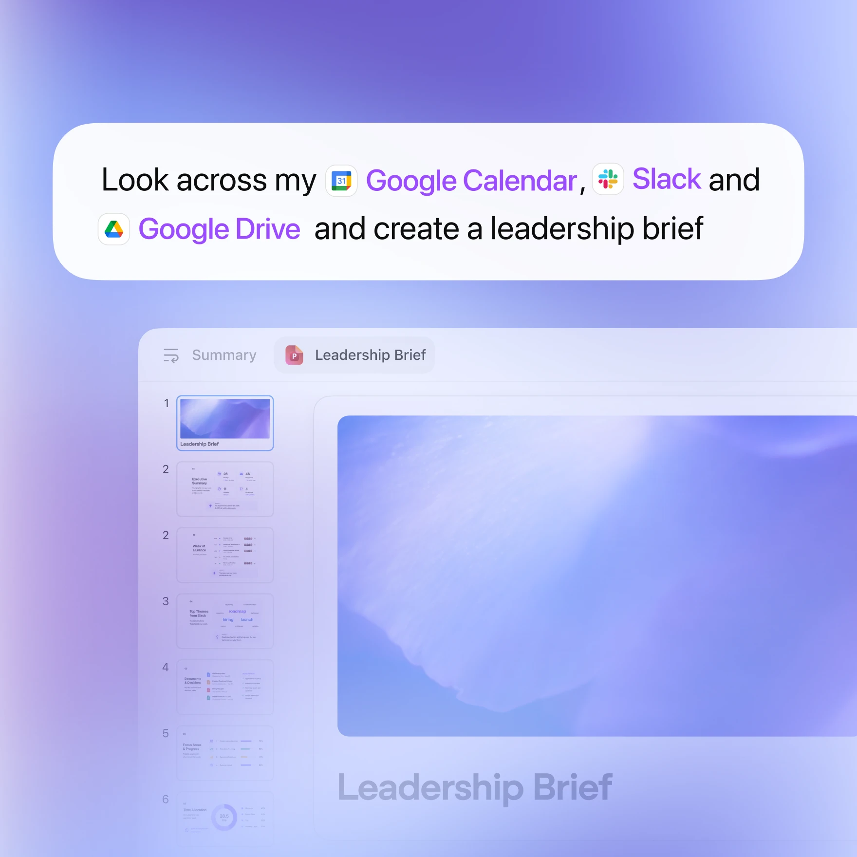 Official ChatGPT desktop app preview showing a delegated leadership brief