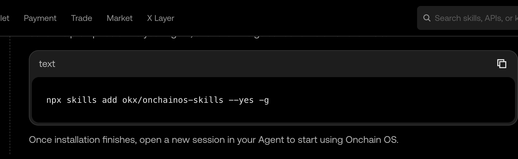 Official OnchainOS guide showing the skill installation command