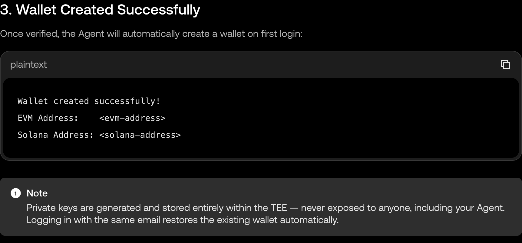 Official Agentic Wallet guide showing the created EVM and Solana wallet addresses
